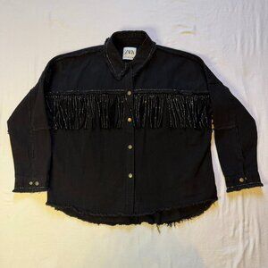 Zara Black Shiny‎ Fringe Denim Jacket Small 100% Cotton